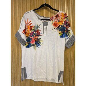 NWT Chicos White Floral Print Cotton/Viscose T-Shirt Resort Size Large Tropical